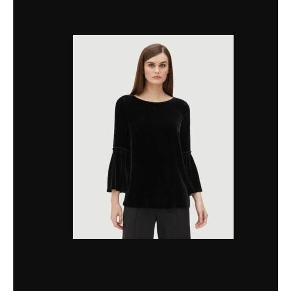 Lafayette 148 Size Small S Black Velvet Roslin Scoop 3/4 Bell Sleeve Silk Top - Picture 2 of 7